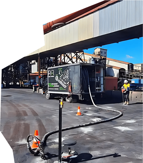 Industrial cleaning equipment and service truck stationed at a factory site with extensive pipelines and steel structures.