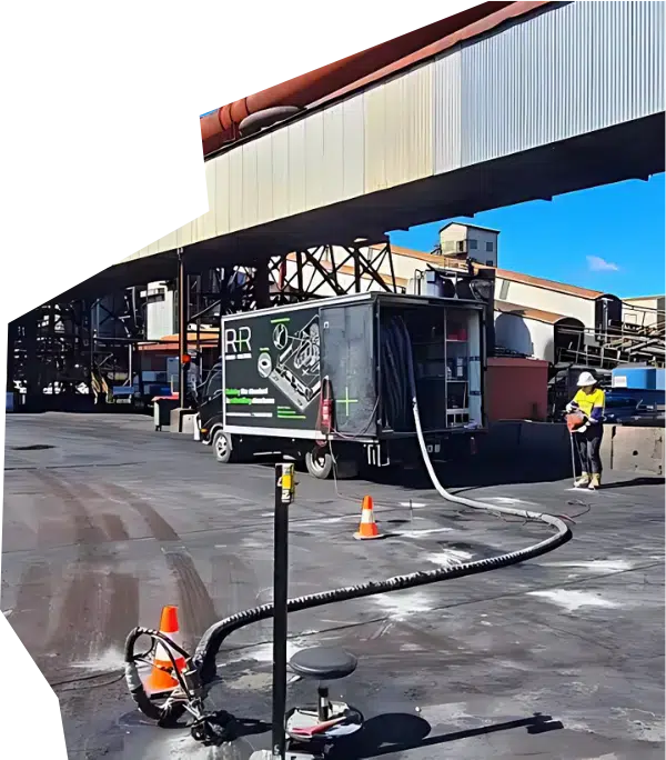 Industrial cleaning equipment and service truck stationed at a factory site with extensive pipelines and steel structures.