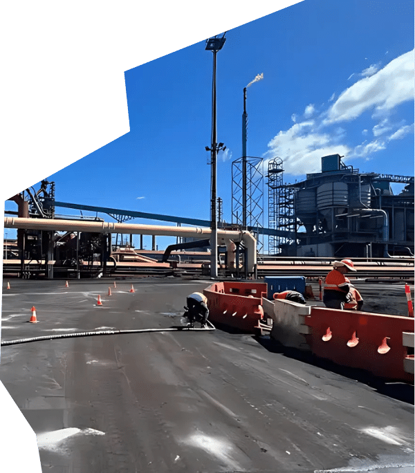 Industrial workers in high-visibility clothing performing maintenance on a factory site with pipelines and large equipment in the background.