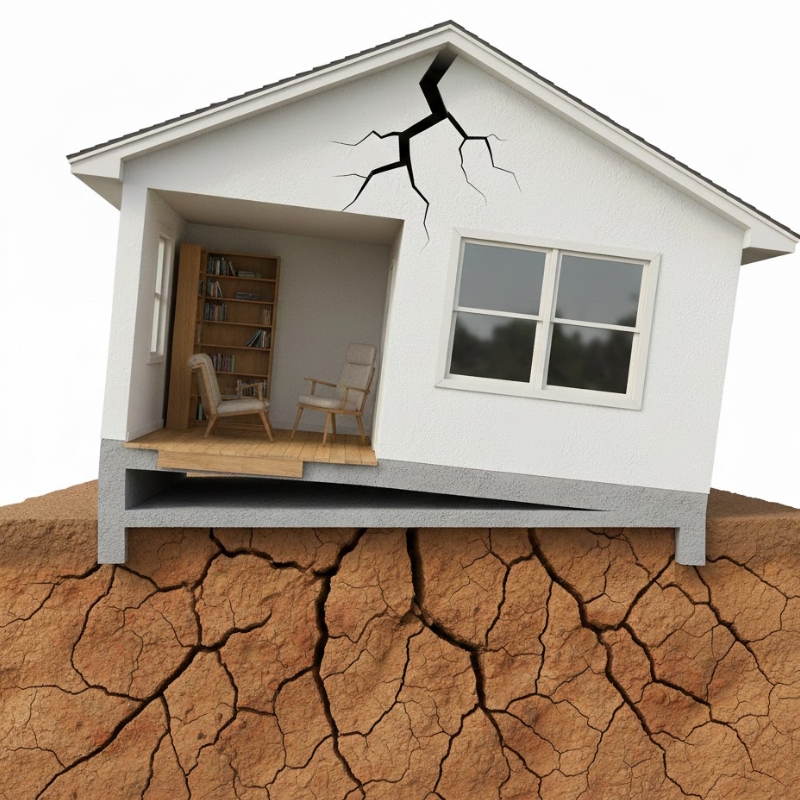 Diagram showing how reactive clay soil causes sinking floors in Australian homes.