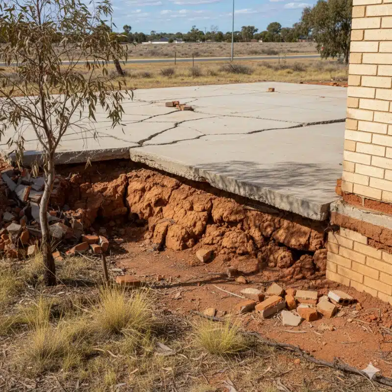 Foundation repair needed where a cracked concrete slab has separated from eroded soil beside a brick house.