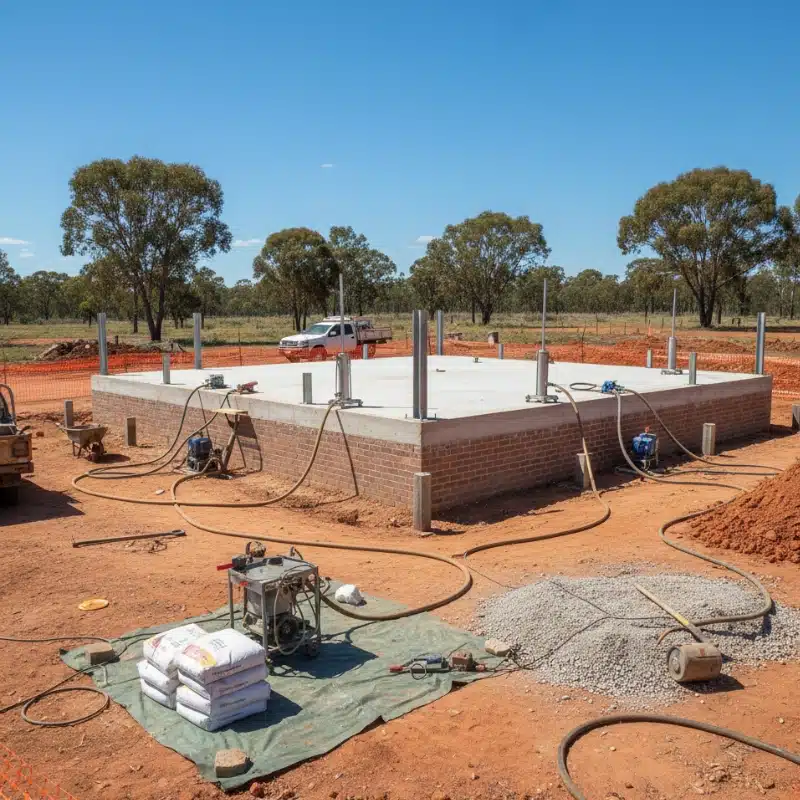 Underpinning work underway beneath a concrete house slab with steel supports and construction equipment on site.