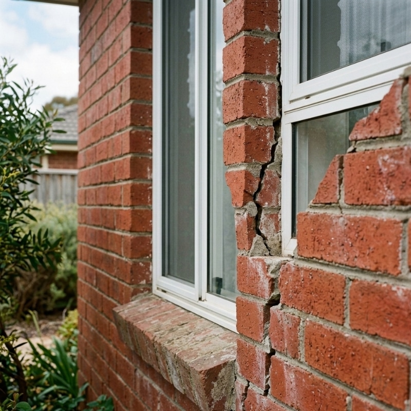 Underpinning warning sign showing cracked brick wall around window, indicating possible foundation movement and structural settlement.