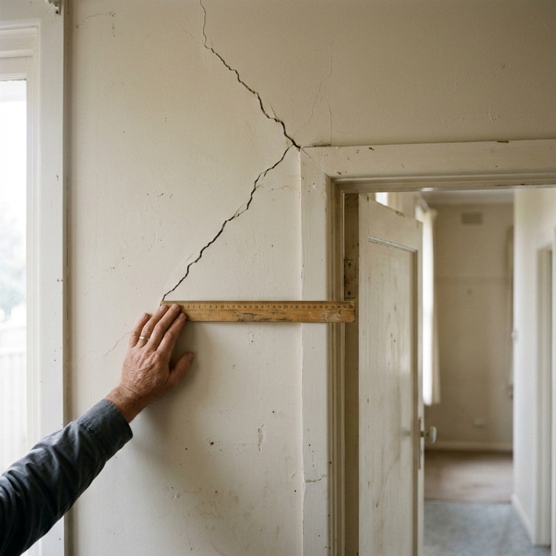 Subsidence crack above doorway measured with ruler on interior wall, showing diagonal fracture and potential structural movement.