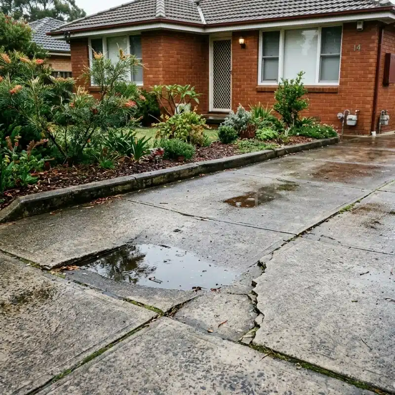 Driveway releveling example showing sunken concrete slabs with cracks and puddles outside brick house after rain.