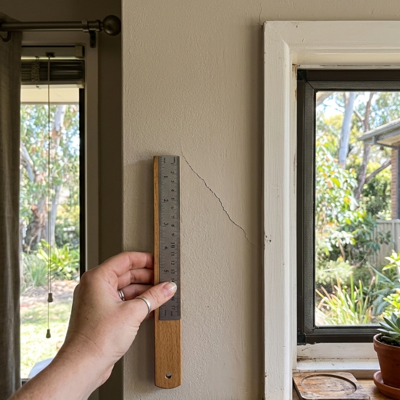 Measuring a diagonal wall crack near a window to monitor house movement in an Australian home.