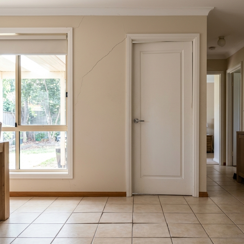 Early signs of slab movement in an Australian home, including a slight floor slope, minor crack near a window, and a misaligned door