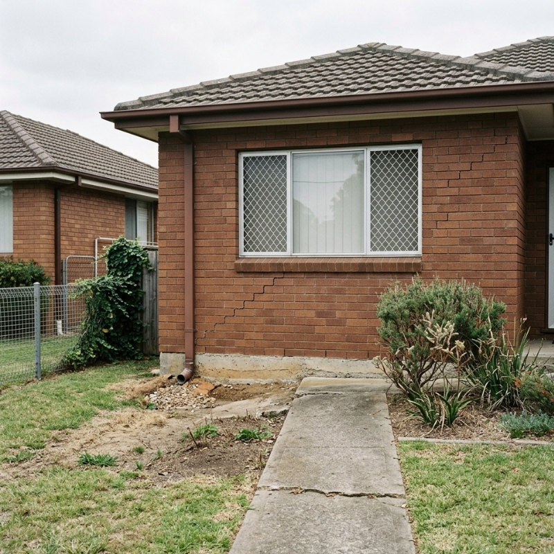 How long does it take to underpin a house showing brick wall cracks, foundation movement and uneven concrete path.