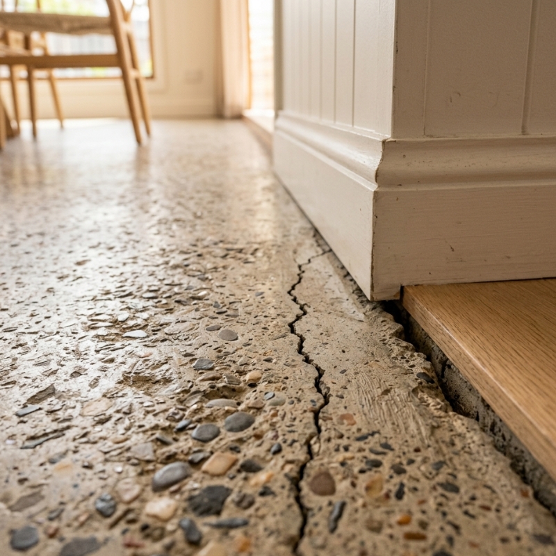 Ow to fill void under concrete slab showing cracked indoor concrete floor beside skirting board and timber flooring.