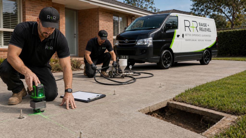 Raise and Relevel technicians using laser levelling and slab-jacking equipment to assess a foundation repair