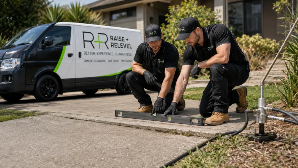 Raise and Relevel technicians measuring a sunken concrete slab beside their branded service van
