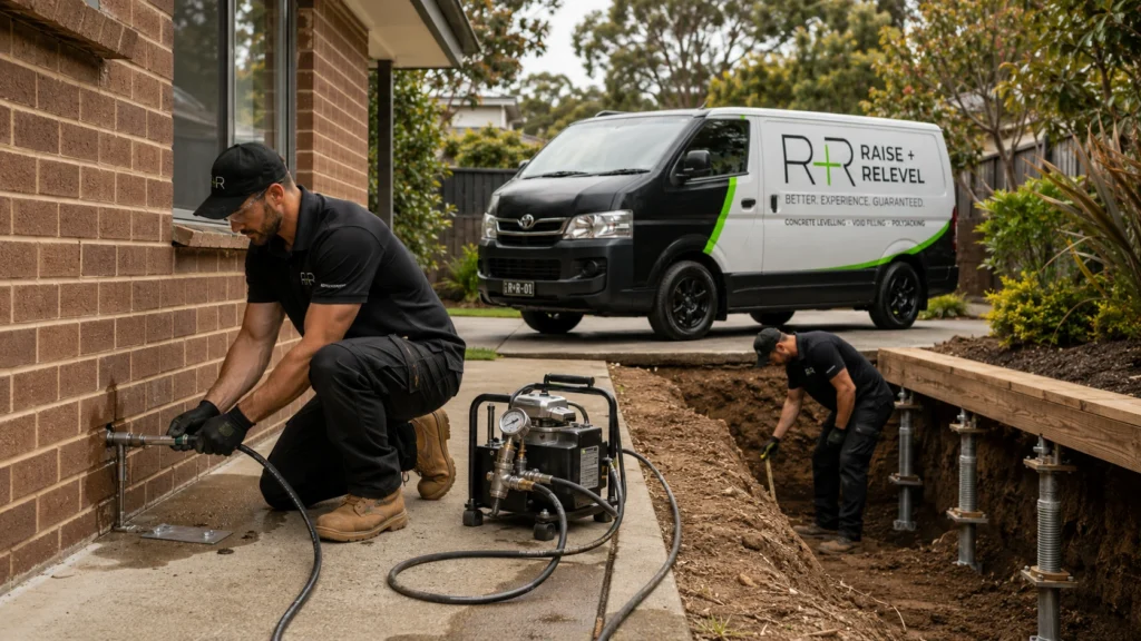 Raise and Relevel technicians completing resin injection and traditional underpinning work with a branded van nearby