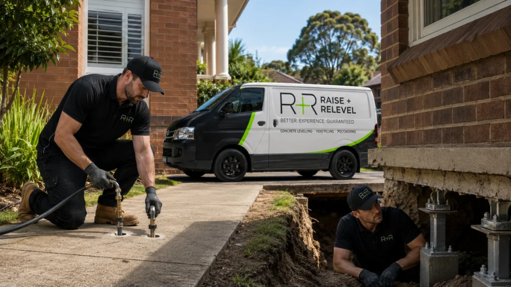 Raise and Relevel technicians performing slab jacking and underpinning beside an Australian home with a branded service van