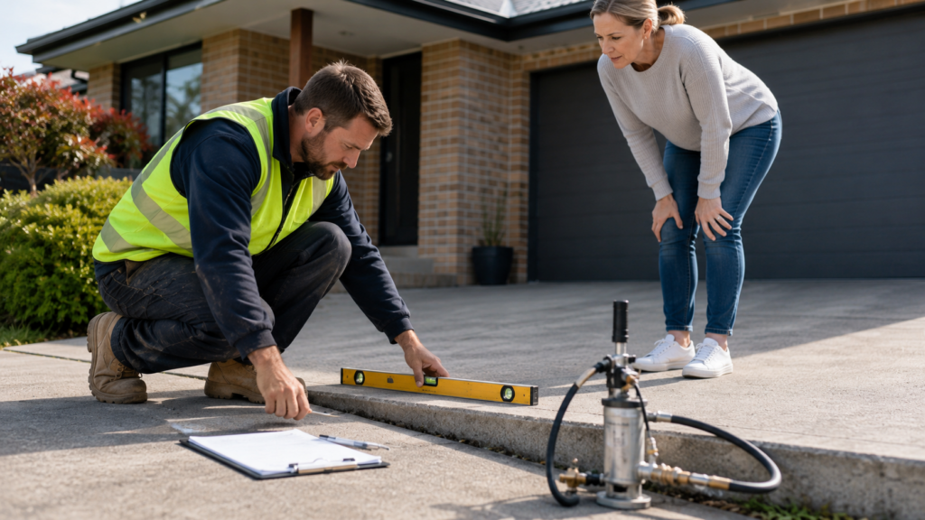 Concrete levelling contractor assessing a sunken driveway during an on-site inspection before quoting