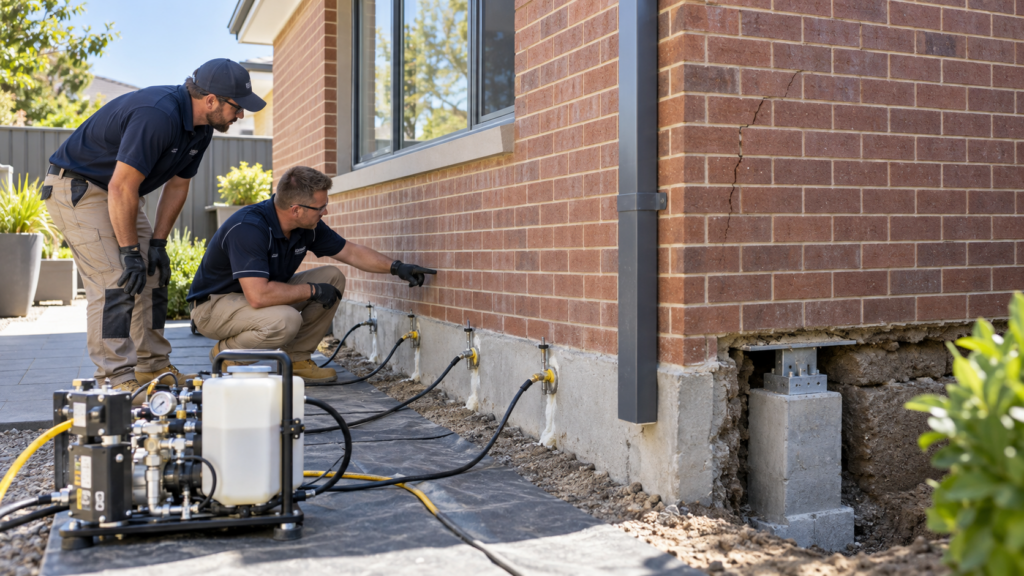 Technician using resin injection equipment to level a sunken concrete driveway