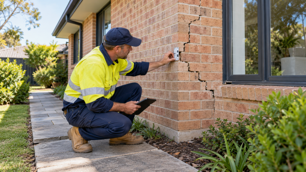 Foundation specialist inspecting subsidence cracks in an Australian brick home