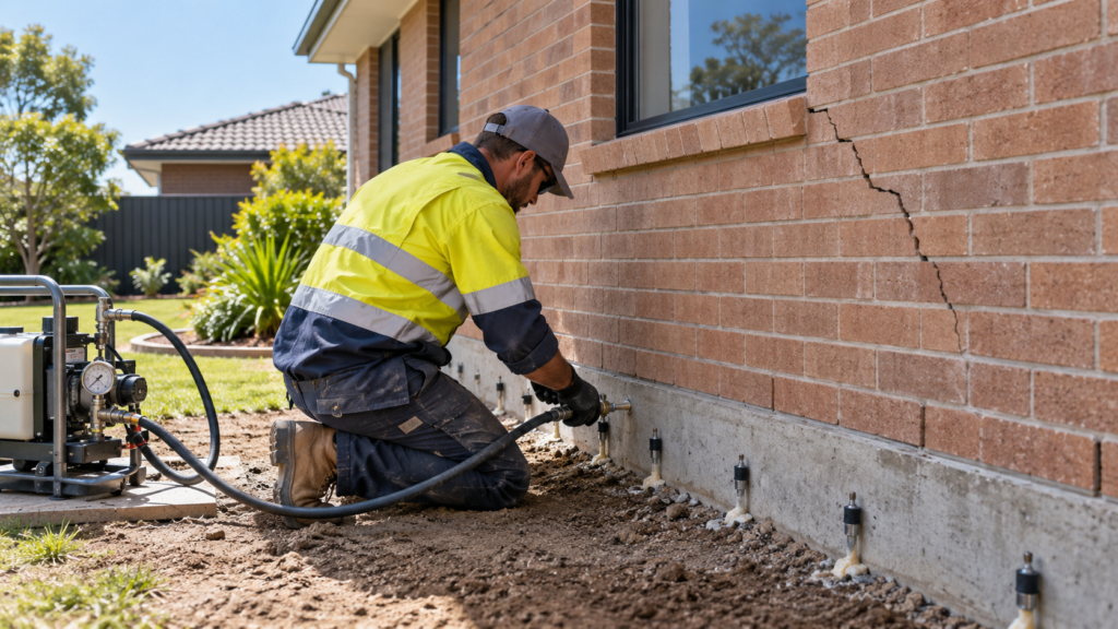 Technician completing resin injection underpinning beneath a cracked brick home foundation
