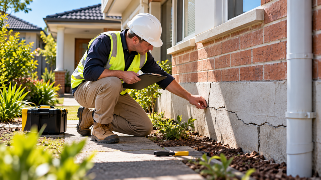 Building inspector examining foundation cracks and structural movement during a house releveling inspection at an Australian home